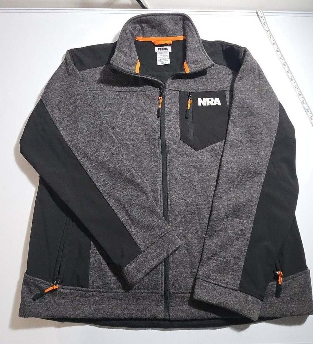 NRA Full Zip Softshell Jacket Size L Gray Black Fleece Lined Logo